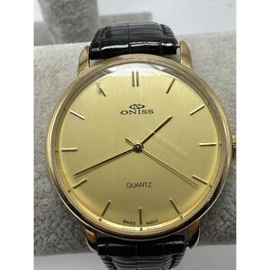 Oniss New Battery 18K Gold Plated 34MM 7.5" Leather Band Unisex M55